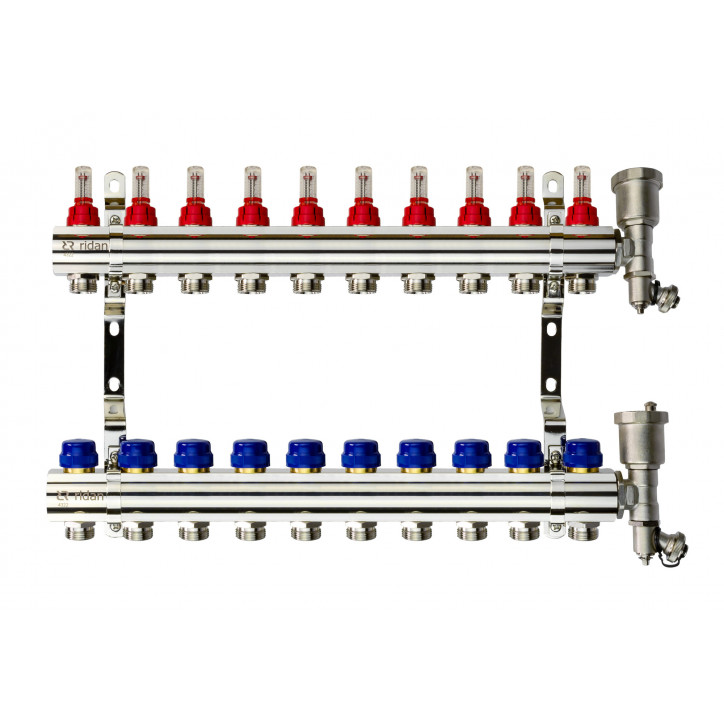 Коллекторная группа FHF-10RF set 10 контуров 1'x3/4' с расходомерами, воздухоотводчиками и кронштейн