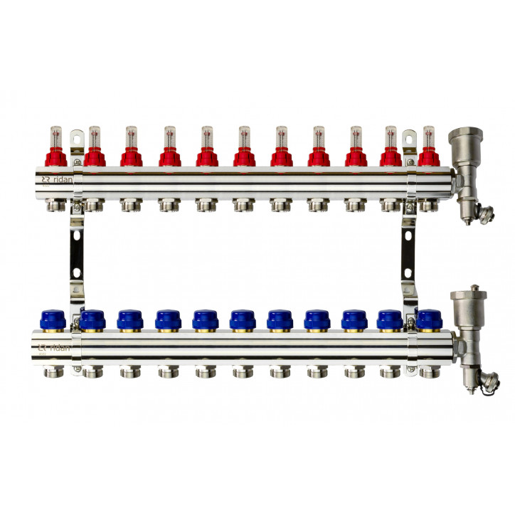 Коллекторная группа FHF-11RF set 11 контуров 1'x3/4' с расходомерами, воздухоотводчиками и кронштейн Коллекторная группа FHF-11RF set 11 контуров 1'x3/4' с расходомерами, воздухоотводчиками и кронштейн