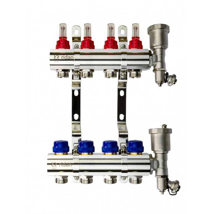 Комплект коллекторов FHF-4RF set с расходомерами, кронштейнами и воздухоотводчиками, 4 контура
