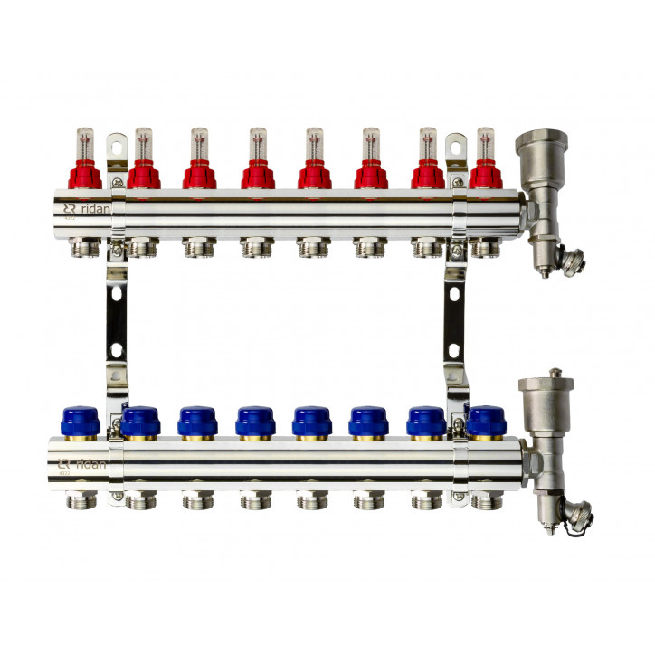 Коллекторная группа FHF-8RF set 8 контуров 1'x3/4' с расходомерами, воздухоотводчиками и кронштейнам
