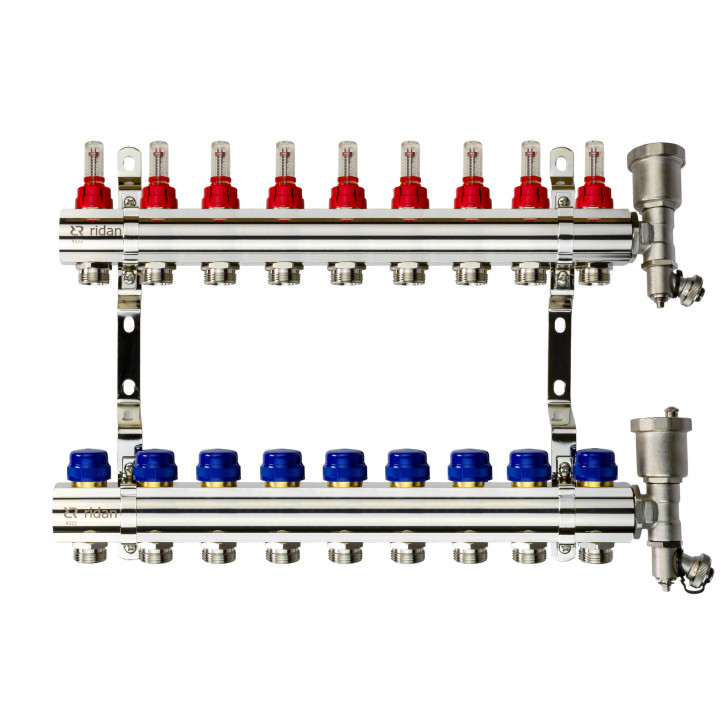 Коллекторная группа FHF-9RF set 9 контуров 1'x3/4' с расходомерами, воздухоотводчиками и кронштейнам Коллекторная группа FHF-9RF set 9 контуров 1'x3/4' с расходомерами, воздухоотводчиками и кронштейнам