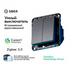 ATLASDESIGN SMART 2-кл. ВЫКЛЮЧАТЕЛЬ с подсв., Zigbee, сх.5, L+N, 10А, мех., КАРБОН