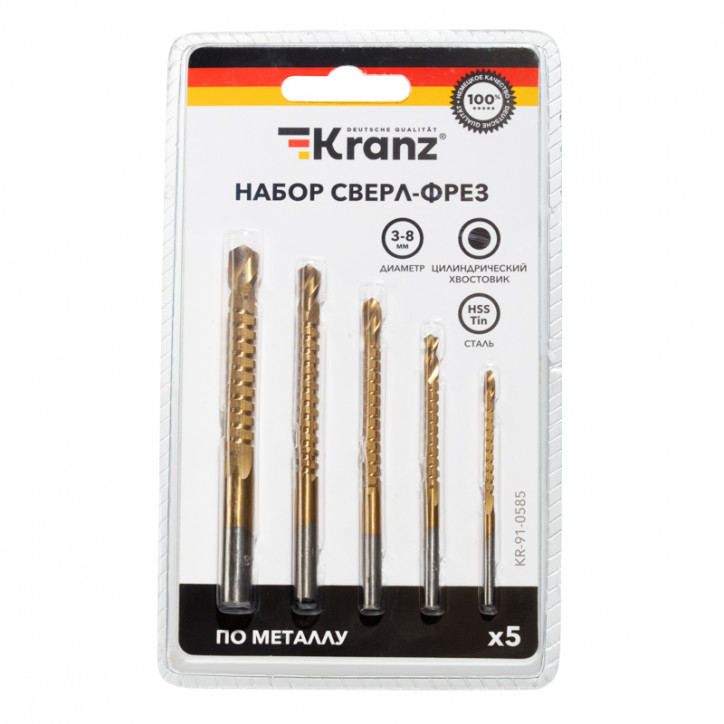 Набор cверл-фрез по металлу 3-4-5-6-8 мм, HSS, титан, цилиндрический хвостовик, 5 шт. Набор cверл-фрез по металлу 3-4-5-6-8 мм, HSS, титан, цилиндрический хвостовик, 5 шт.
