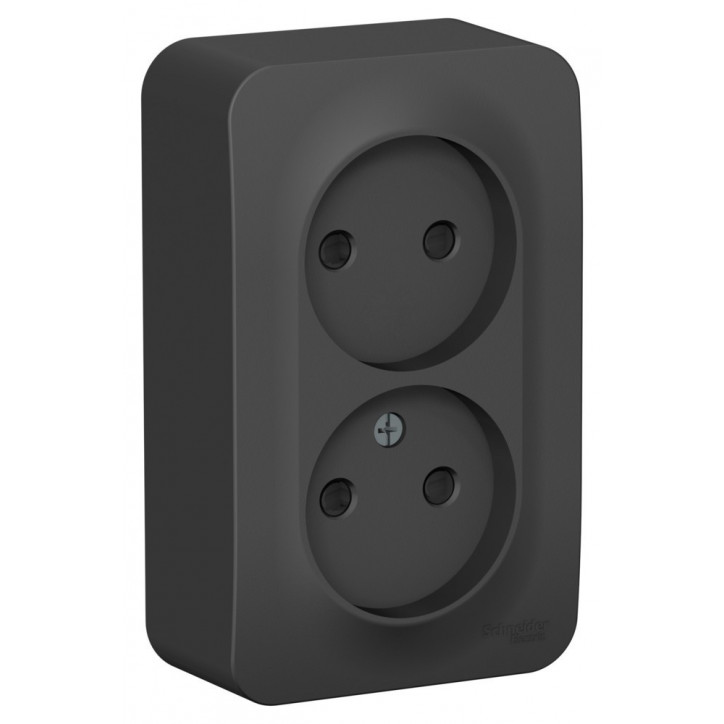 Розетка BLANCA наружная двойная, без заземления, со шторками, с изолирующей пластиной, 16А, 250В, антрацит Розетка BLANCA наружная двойная, без заземления, со шторками, с изолирующей пластиной, 16А, 250В, антрацит