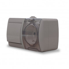 Клио блок наружный горизонтальный: выключатель одноклавишный + розетка одноместная с прозрачной крышкой, IP54, с/з, 16А, 220В, с