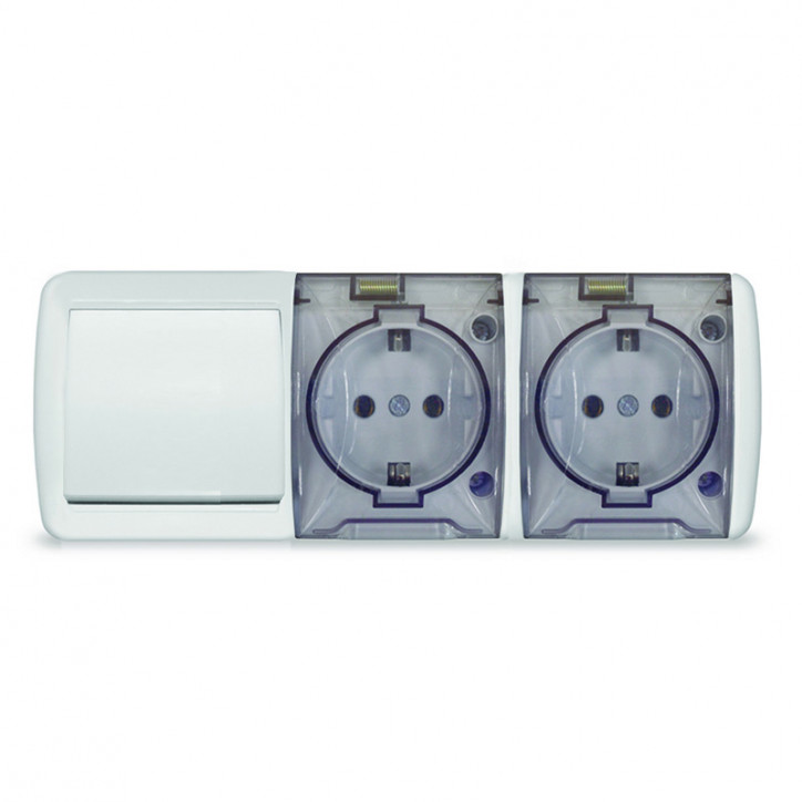 Клио блок наружный горизонтальный: выключатель одноклавишный + розетка двухпостовая с прозрачной крышкой, IP54, с/з, 16А, 220В, 