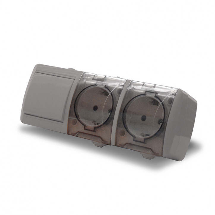 Клио блок наружный горизонтальный выключатель одноклавишный + розетка двухместная с прозрачной крышкой, IP54, с/з, 16А, 220В, се