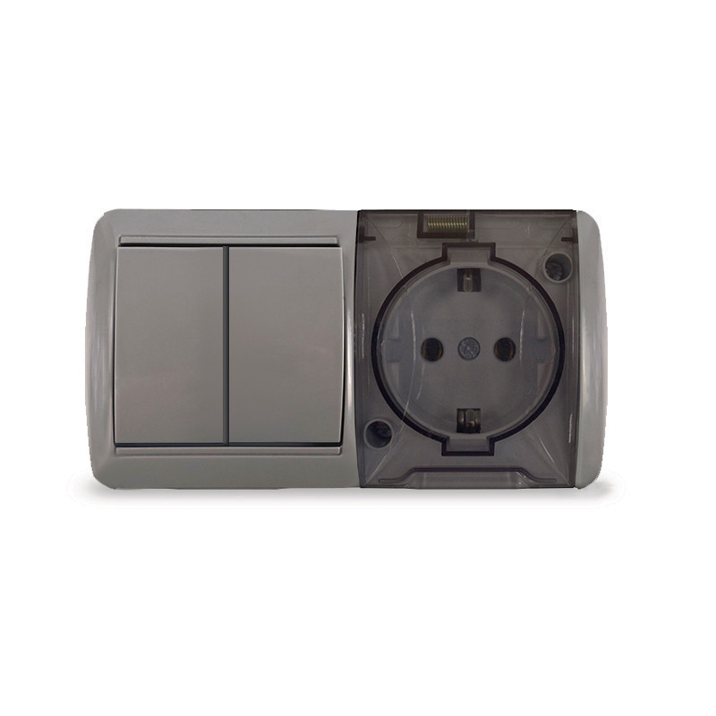 Клио блок наружный горизонтальный: выключатель двухклавишный + розетка с прозрачной крышкой, IP54, с/з, 16А, 220В, серый