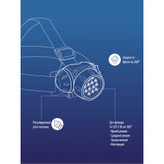 Фонарь налобный , 14 LED, 3 батарейки ААА, 130Lm,
