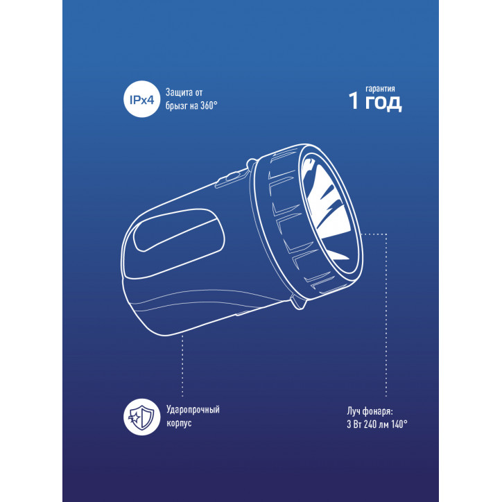 Фонарь-прожектор аккумуляторный, 3W LED, аккум. 6V 4,5Ah, 240Лм, 20 часов