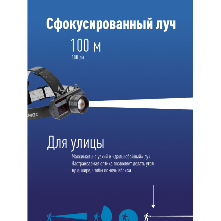 Фонарь налобный аккумуляторный, 3W, аккум. 3,7V 1,2Ah, 180Лм, 8 часов Фонарь налобный аккумуляторный, 3W, аккум. 3,7V 1,2Ah, 180Лм, 8 часов
