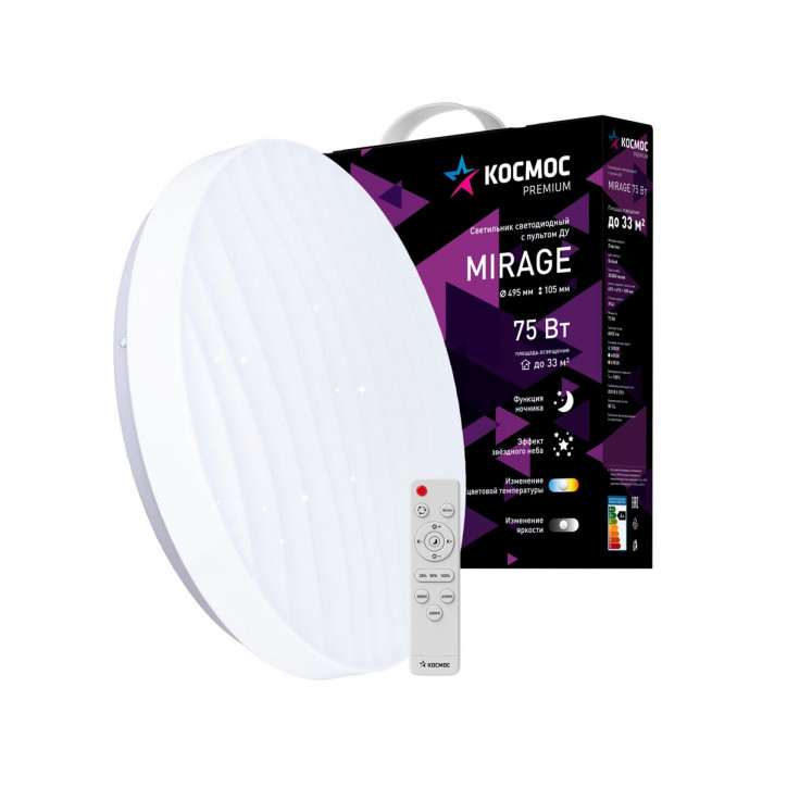Светильник светодиодный ДБО-75 настенно-потолочный управляемый MIRAGE 230В 3000-6500K 6000Лм 495x105мм Светильник светодиодный ДБО-75 настенно-потолочный управляемый MIRAGE 230В 3000-6500K 6000Лм 495x105мм