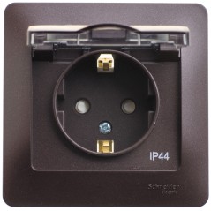 GLOSSA Розетка с заземлением со шторками с крышкой IP44 шоколад в сборе