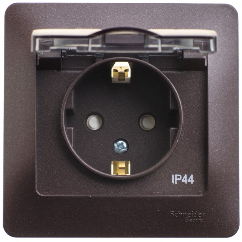 GLOSSA Розетка с заземлением со шторками с крышкой IP44 шоколад в сборе