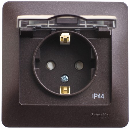 GLOSSA Розетка с заземлением со шторками с крышкой IP44 шоколад в сборе