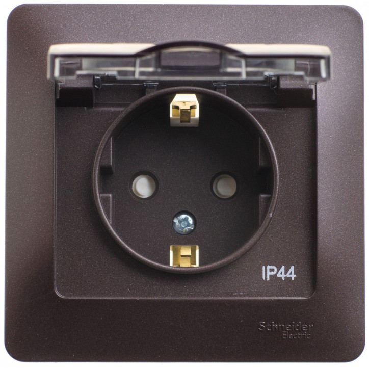 GLOSSA Розетка с заземлением со шторками с крышкой IP44 шоколад в сборе