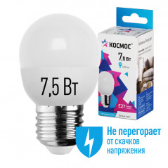 Лампа светодиодная LED 7.5Вт Шар 220В Е27 D45х82 4500К белый 600 лм