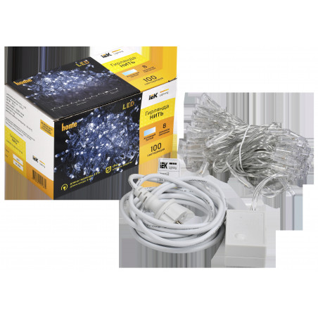 LIGHTING Гирлянда нить 10м 100 светодиодов белый свет IP44 прозрачный шнур 3м 230В контроллер 8 сцен