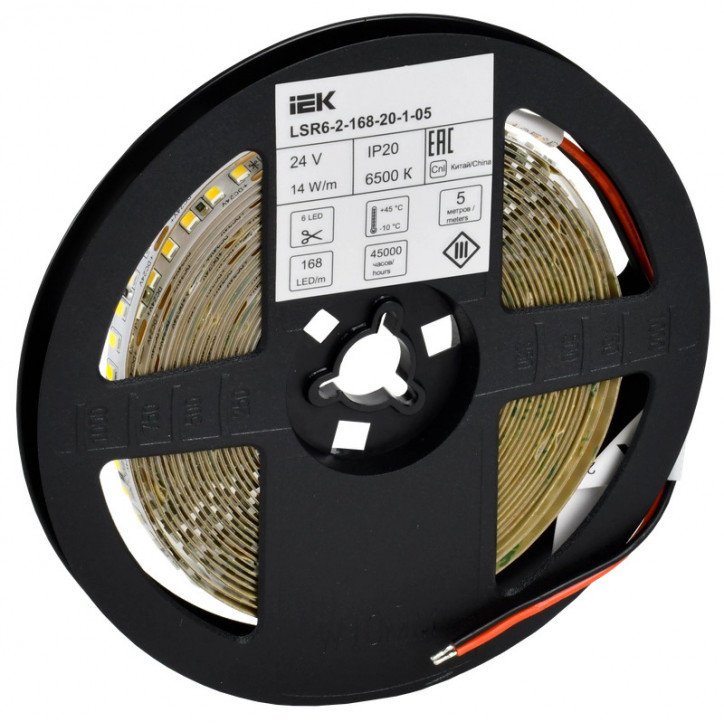 Лента светодиодная 5м SMD2835 168LED/м 14Вт/м IP20 ширина 10мм 24В холодный белый IEK Лента светодиодная 5м SMD2835 168LED/м 14Вт/м IP20 ширина 10мм 24В холодный белый IEK