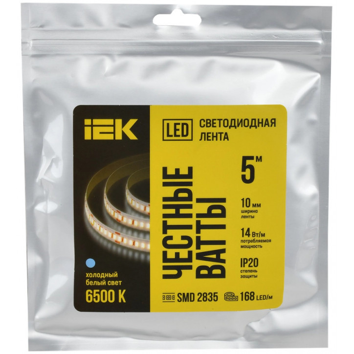 Лента светодиодная 5м SMD2835 168LED/м 14Вт/м IP20 ширина 10мм 24В холодный белый IEK Лента светодиодная 5м SMD2835 168LED/м 14Вт/м IP20 ширина 10мм 24В холодный белый IEK
