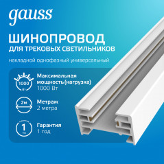 Шинопровод Gauss накладной 2м белый (с адаптером питания и заглушкой) 1/10