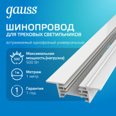 Шинопровод встраиваемый AC 220В Белый IP20 1000х60мм с адаптером питания и заглушкой Track Gauss