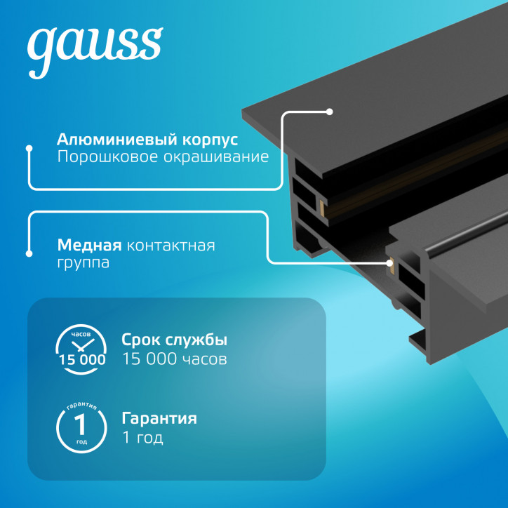 Шинопровод встраиваемый AC 220В Черный IP20 1000х60мм с адаптером питания и заглушкой Track Gauss