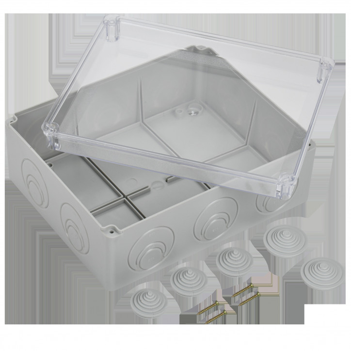 Коробка КМ41275 распаячная для открытой проводки 240х195х90мм IP44 (RAL7035 прозрачный красный кабел