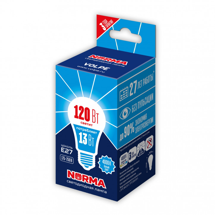 Лампа светодиодная LED-A60-13W/NW/E27/FR/NR Форма A, матовая. Norma. (4000K).
