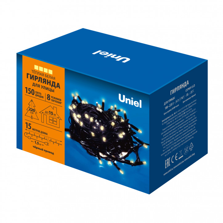Гирлянда светодиодная 15м 150 светодиодов ULD-S1500-150/DBA WARM WHITE IP67 Теплый Провод черный