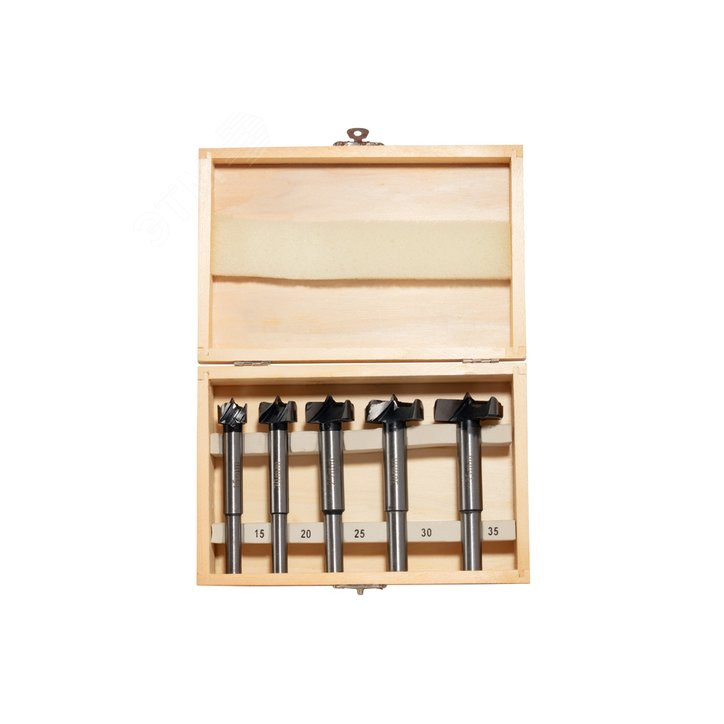 Набор сверл Форстнера (петельных) по дереву, 10-15-20-25-35 х 73 мм, 5 шт, цилиндрический хвостовик