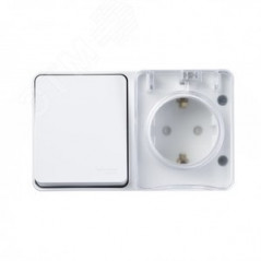 AtlasDesign Profi54 БЛОК: розетка с заземлением со шторками 16А 250B, выключатель одноклавишный IP54 10А, БЕЛЫЙ, Россия