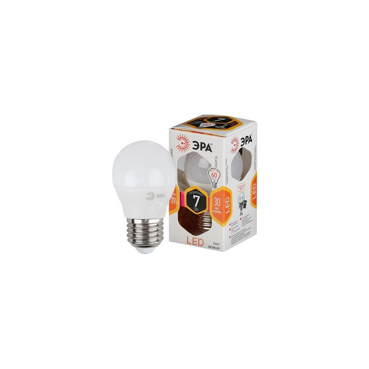 Лампа светодиодная Эра LED P45-7W-827-E27 (диод, шар, 7Вт, тепл, E27) Лампа светодиодная Эра LED P45-7W-827-E27 (диод, шар, 7Вт, тепл, E27)