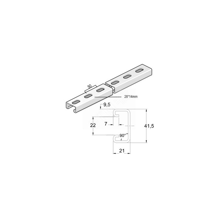 Монтажный профиль, высота - 21 мм, ширина - 41 мм, длина - 1400 мм, толщина - 2,5 мм, кратность - 1шт, SZ - Оцинкованная сталь (