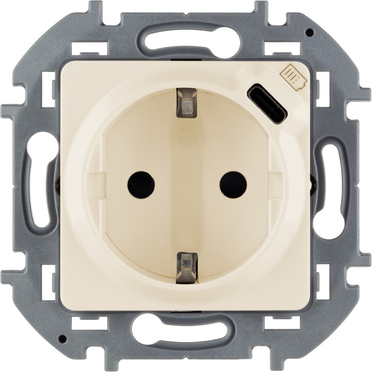 Розетка 2К+З немецкий стандарт 16А 250В со встроенным зарядным устройством USB C 1.5А 5В INSPIRIA слоновая кость