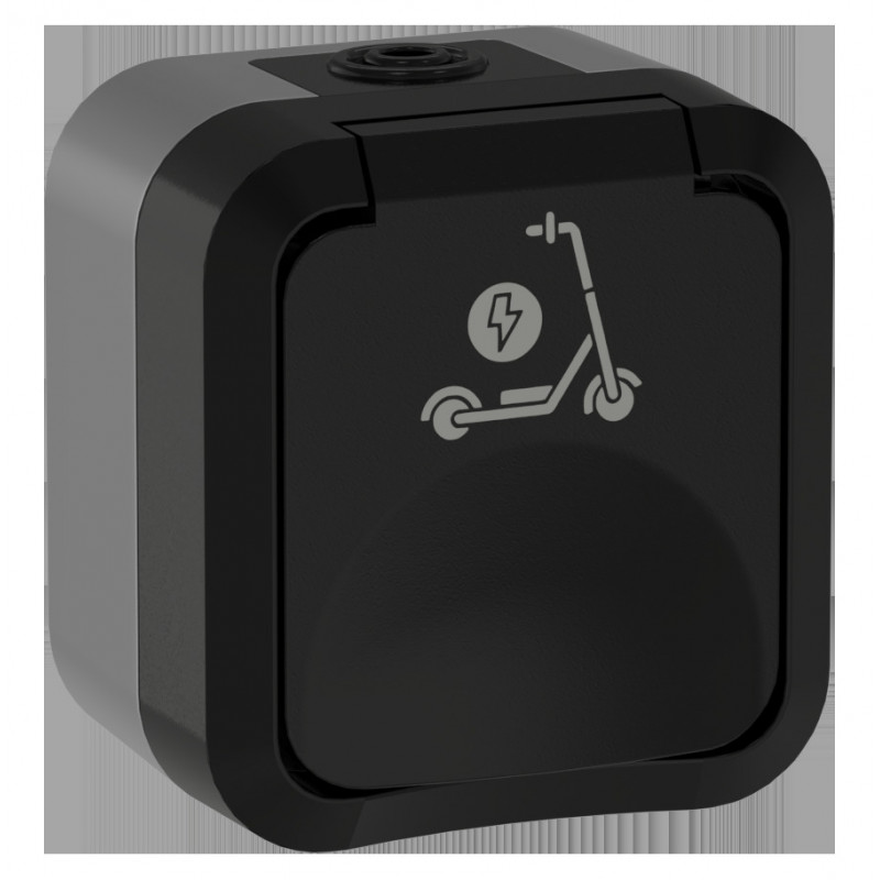 TORS Розетка 1-местная с заземлением защитными шторками и крышкой с иконкой самокат 16А IP55 TS121 графит IEK