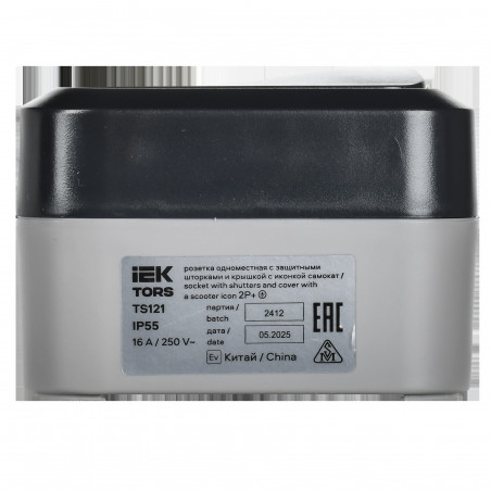 TORS Розетка 1-местная с заземлением защитными шторками и крышкой с иконкой самокат 16А IP55 TS121 графит IEK