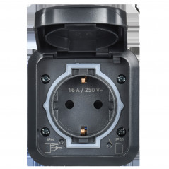 TORS Розетка 1-местная с заземлением защитными шторками и крышкой с иконкой самокат 16А IP55 TS121 графит IEK