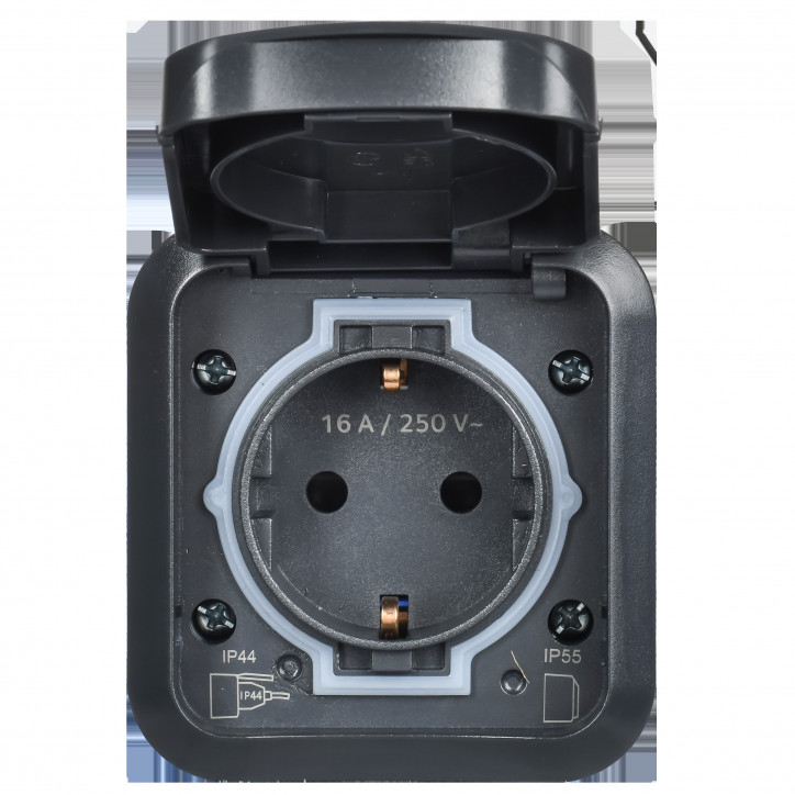 TORS Розетка 1-местная с заземлением защитными шторками и крышкой с иконкой самокат 16А IP55 TS121 графит IEK