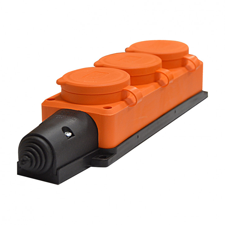 Колодка 3-х местная однофазная с заглушками Компакт с/з каучук 16А 250В IP44 оранжевая еврослот