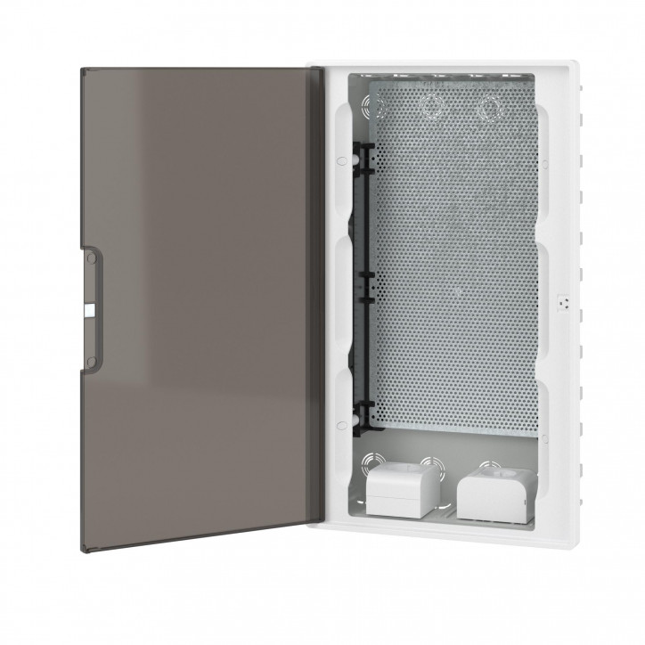 Щиток 36 мод встраиваемый для полых стен слаботочный FRAME, белый, с тонированной дверцей, с монтажной платой, в комплекте с 2 р