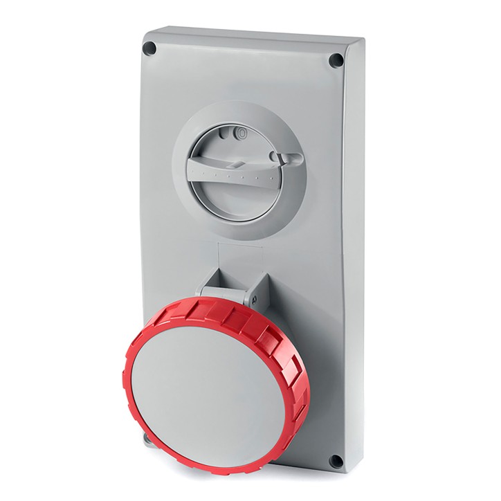 Розетка панельная 63А 3P+N+E 400В верхнее размещение разъема и механическая блокировка Розетка панельная 63А 3P+N+E 400В верхнее размещение разъема и механическая блокировка