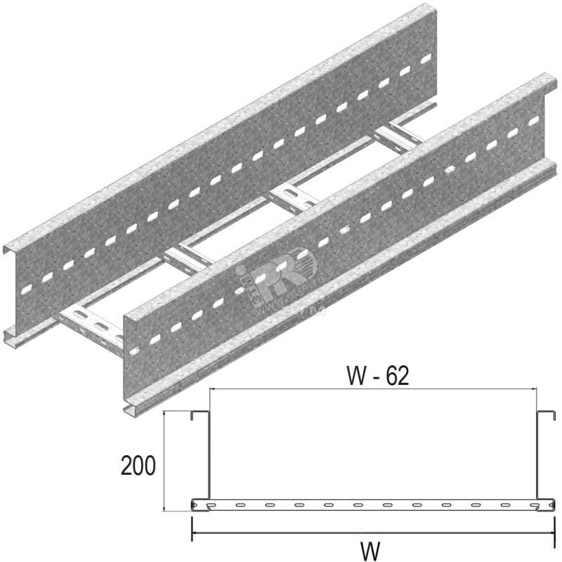Кабельный лоток лестничного типа серии WIDE SPAN, высота - 200 мм, ширина - 518 мм, длина - 6000 мм, кратность - 6м, HD - Оцинко