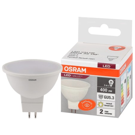 Лампа светодиодная OSRAM LED Value MR16, 400лм, 5Вт (замена 35Вт), 3000К (теплый белый свет). Цоколь GU5.3, колба MR16, угол пуч