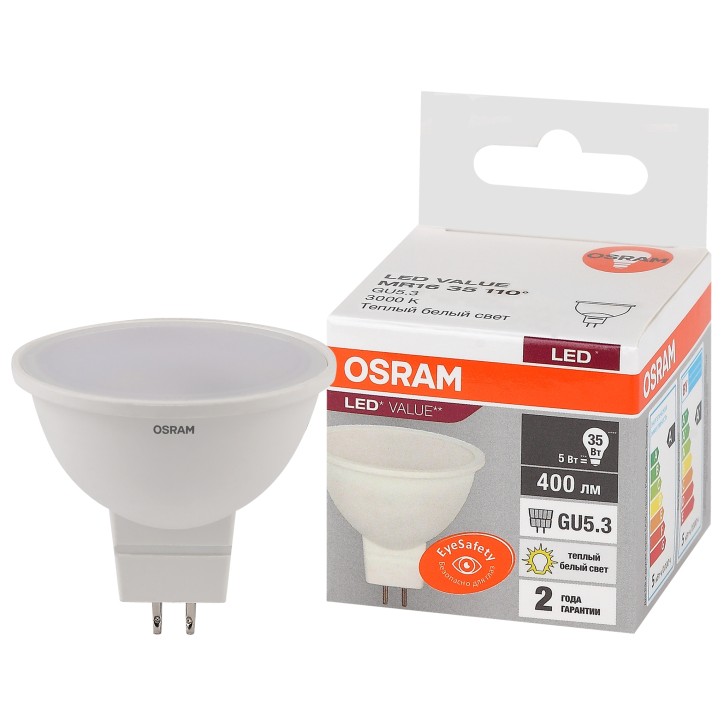 Лампа светодиодная OSRAM LED Value MR16, 400лм, 5Вт (замена 35Вт), 3000К (теплый белый свет). Цоколь GU5.3, колба MR16, угол пуч