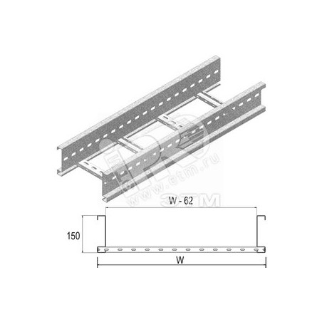 Кабельный лоток лестничного типа серии HEAVY, высота - 150 мм, ширина - 500 мм, длина - 6000 мм, кратность - 6м, I6 - Нержавеюща