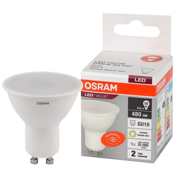 Лампа светодиодная LED 6 Вт GU10 3000К 480Лм спот 220 В (замена 50Вт) OSRAM Лампа светодиодная LED 6 Вт GU10 3000К 480Лм спот 220 В (замена 50Вт) OSRAM