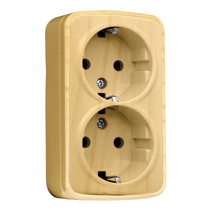 Розетка 2-местная ОП Минск 16А с заземлением светлое дерево Розетка 2-местная ОП Минск 16А с заземлением светлое дерево