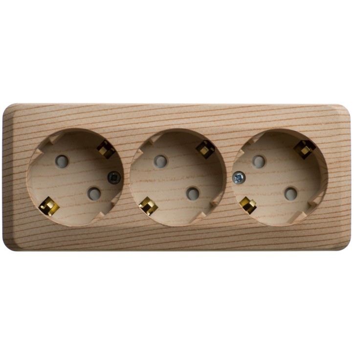 ЭТЮД Розетка тройная открытой установки с заземлением со шторками 16А 250B,сосна ЭТЮД Розетка тройная открытой установки с заземлением со шторками 16А 250B,сосна