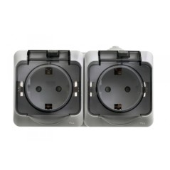 ЭТЮД Розетка двойная наружная с заземлением со шторками IP44 серая